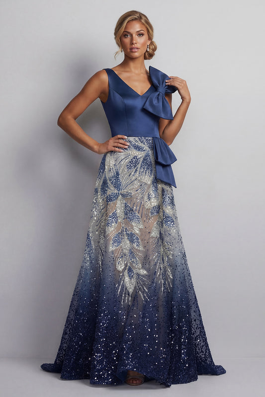 A Line Sparkly Navy Long Beaded Mother of the Bride Dress with Bow