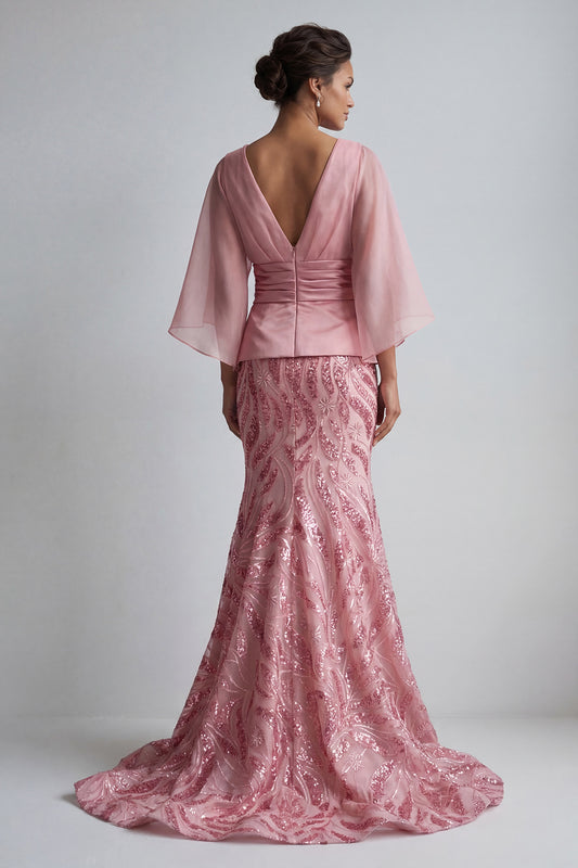 Mermaid Long Sparkly Pink Sequin Ruched Mother of the Bride Dress