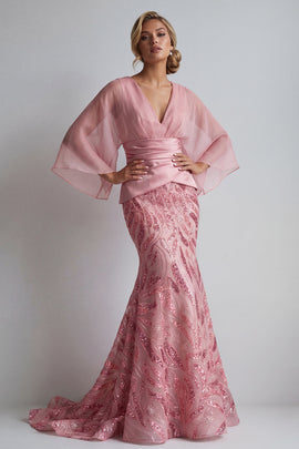 Mermaid Long Sparkly Pink Sequin Ruched Mother of the Bride Dress