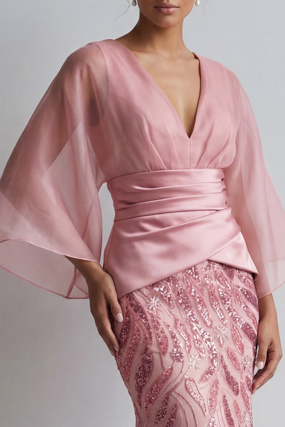 Mermaid Long Sparkly Pink Sequin Ruched Mother of the Bride Dress
