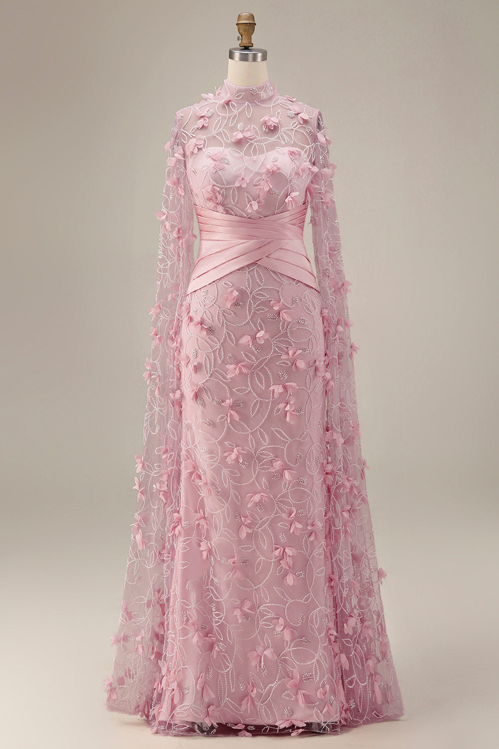 Mermaid Long Pink Floral Ruched Mother of the Bride Dress with Cape