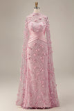 Mermaid Long Pink Floral Ruched Mother of the Bride Dress with Cape