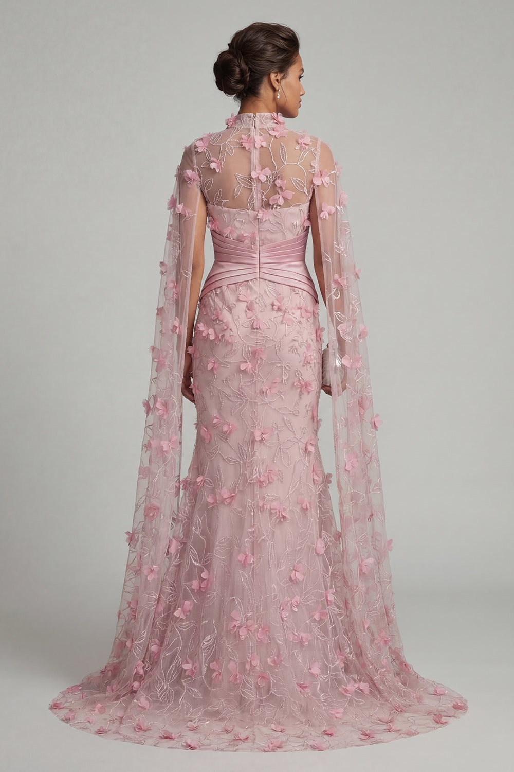 Mermaid Long Pink Floral Ruched Mother of the Bride Dress with Cape