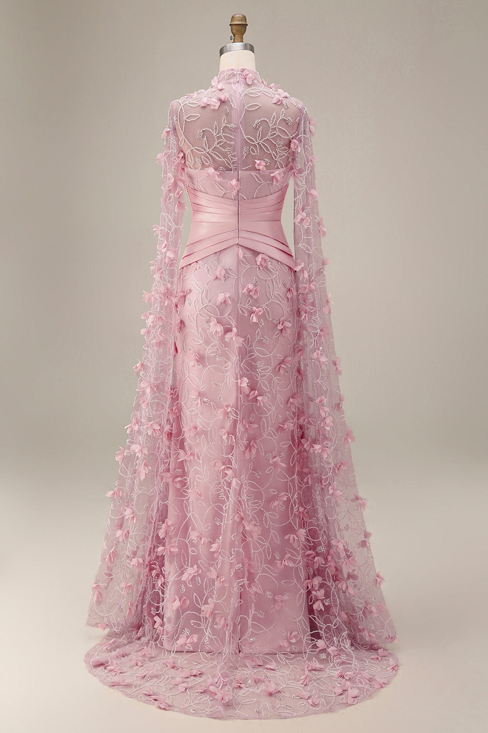 Mermaid Long Pink Floral Ruched Mother of the Bride Dress with Cape