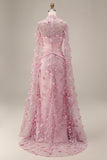 Mermaid Long Pink Floral Ruched Mother of the Bride Dress with Cape