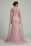 Mermaid Long Pink Floral Ruched Mother of the Bride Dress with Cape