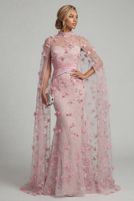 Floral Pink Long Mother of the Bride Dress with Cape Ruched High Neck Mermaid Formal Dress