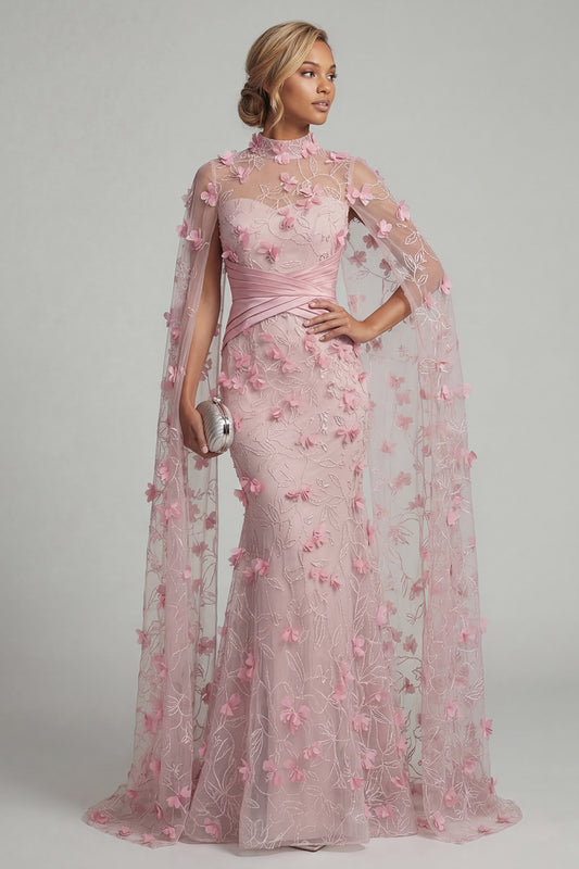 Floral Pink Long Mother of the Bride Dress with Cape Ruched High Neck Mermaid Formal Dress