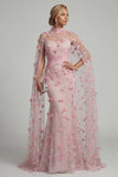 Floral Pink Long Mother of the Bride Dress with Cape Ruched High Neck Mermaid Formal Dress