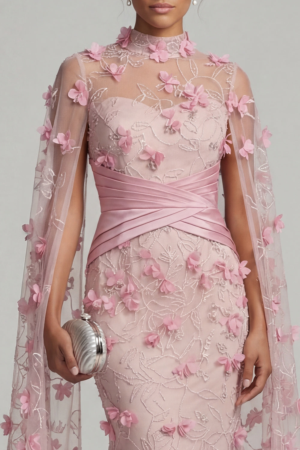 Mermaid Long Pink Floral Ruched Mother of the Bride Dress with Cape