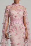Mermaid Long Pink Floral Ruched Mother of the Bride Dress with Cape