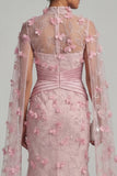 Mermaid Long Pink Floral Ruched Mother of the Bride Dress with Cape