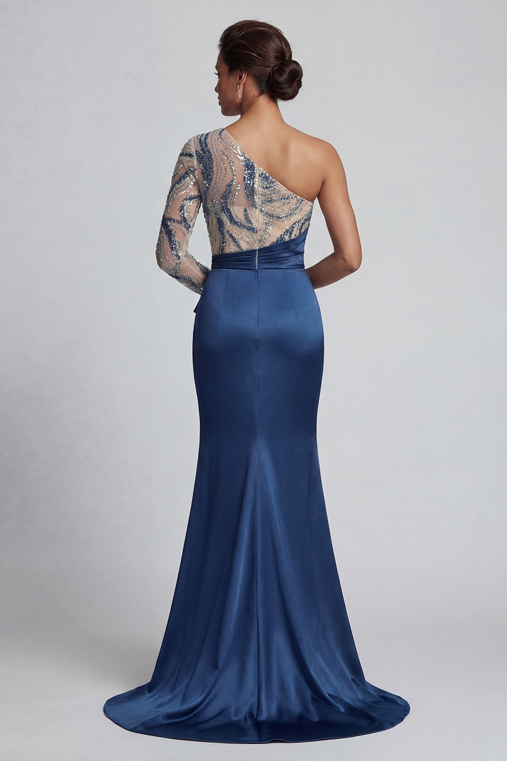Long Ruched Mermaid Sparkly Navy Beaded Mother of the Bride Dress