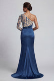 Long Ruched Mermaid Sparkly Navy Beaded Mother of the Bride Dress