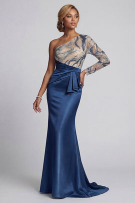 Long Ruched Mermaid Sparkly Navy Beaded Mother of the Bride Dress