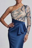 Long Ruched Mermaid Sparkly Navy Beaded Mother of the Bride Dress