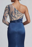 Long Ruched Mermaid Sparkly Navy Beaded Mother of the Bride Dress