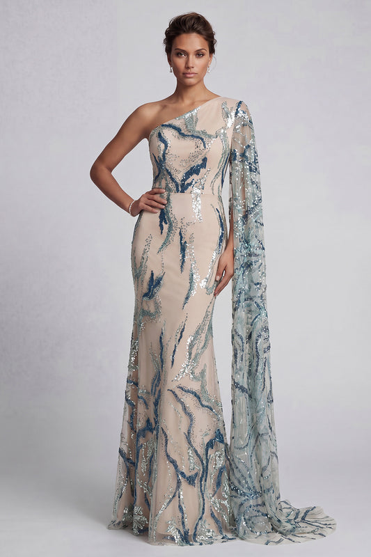 Long Mermaid Sparkly Light Blue Beaded Mother of the Bride Dress with Side Cape