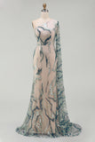Long Mermaid Sparkly Light Blue Beaded Mother of the Bride Dress with Side Cape