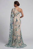 Long Mermaid Sparkly Light Blue Beaded Mother of the Bride Dress with Side Cape