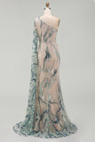 Long Mermaid Sparkly Light Blue Beaded Mother of the Bride Dress with Side Cape
