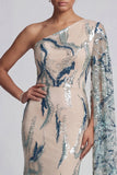Long Mermaid Sparkly Light Blue Beaded Mother of the Bride Dress with Side Cape
