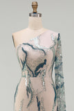 Long Mermaid Sparkly Light Blue Beaded Mother of the Bride Dress with Side Cape