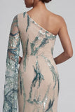 Long Mermaid Sparkly Light Blue Beaded Mother of the Bride Dress with Side Cape