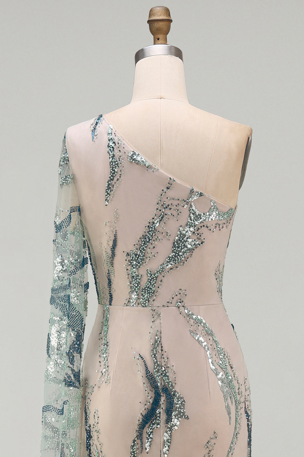 Long Mermaid Sparkly Light Blue Beaded Mother of the Bride Dress with Side Cape