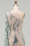 Long Mermaid Sparkly Light Blue Beaded Mother of the Bride Dress with Side Cape