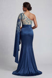 Mermaid Sparkly Navy Beaded Long Mother of the Bride Dress with Side Cape