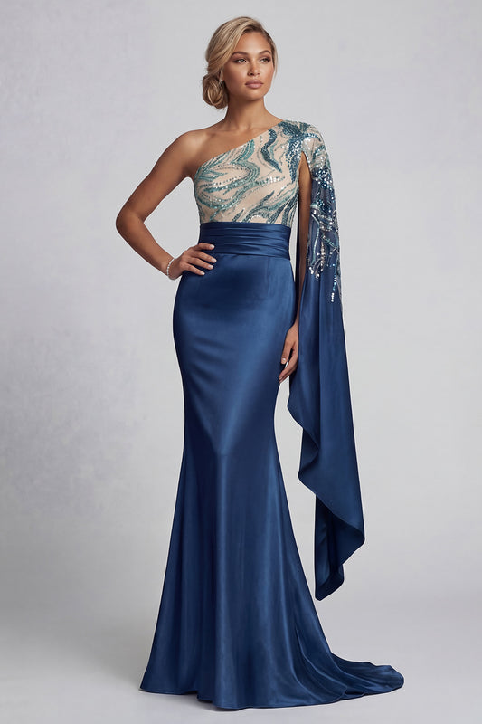 Mermaid Sparkly Navy Beaded Long Mother of the Bride Dress with Side Cape