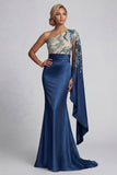 Mermaid Sparkly Navy Beaded Long Mother of the Bride Dress with Side Cape