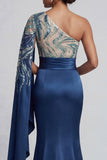 Mermaid Sparkly Navy Beaded Long Mother of the Bride Dress with Side Cape