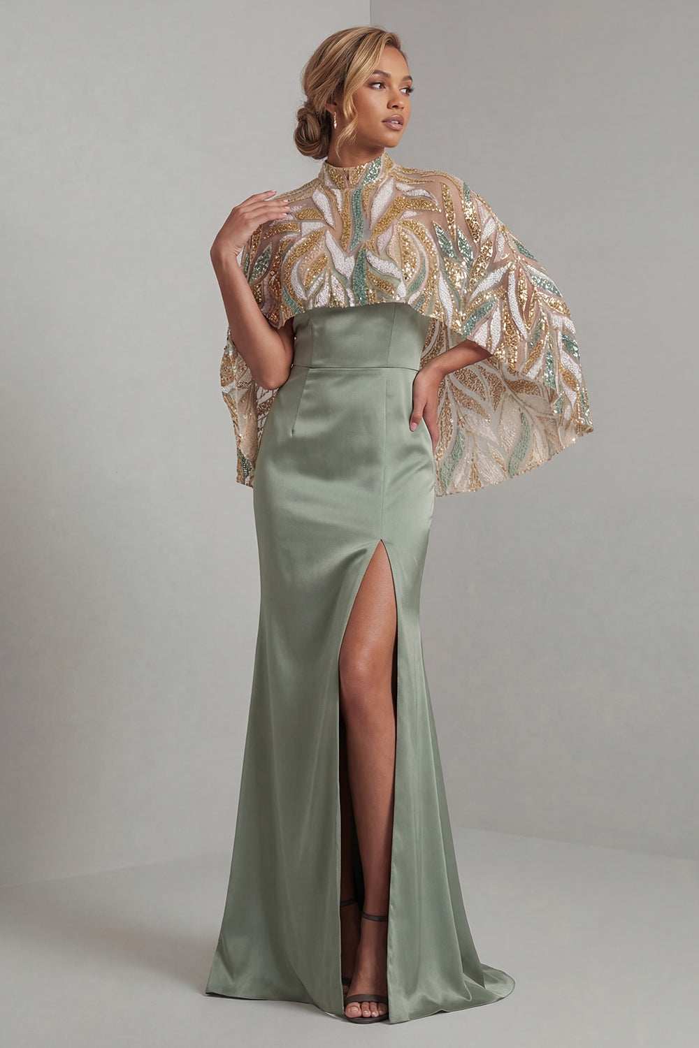 Long Mermaid Sparkly Light Green Sequin Mother of the Bride Dress with Cape