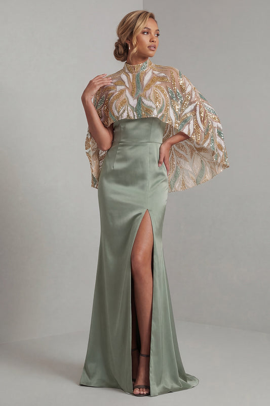 Long Mermaid Sparkly Light Green Sequin Mother of the Bride Dress with Cape