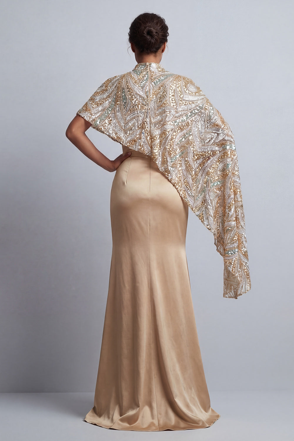 Sparkly Champagne Long Mermaid Beaded Mother of the Bride Dress with Cape
