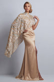 Sparkly Champagne Long Mermaid Beaded Mother of the Bride Dress with Cape