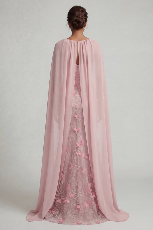 Pink Strapless Mermaid Long Floral Ruched Mother of the Bride Dress with Shawl