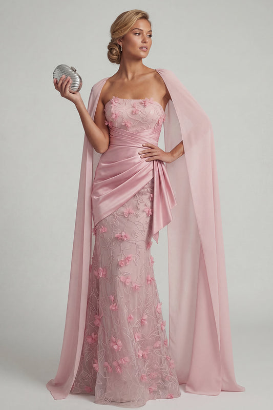 Floral Pink Long Mother of the Bride Dress with Shawl Ruched Strapless Mermaid Gala Dress