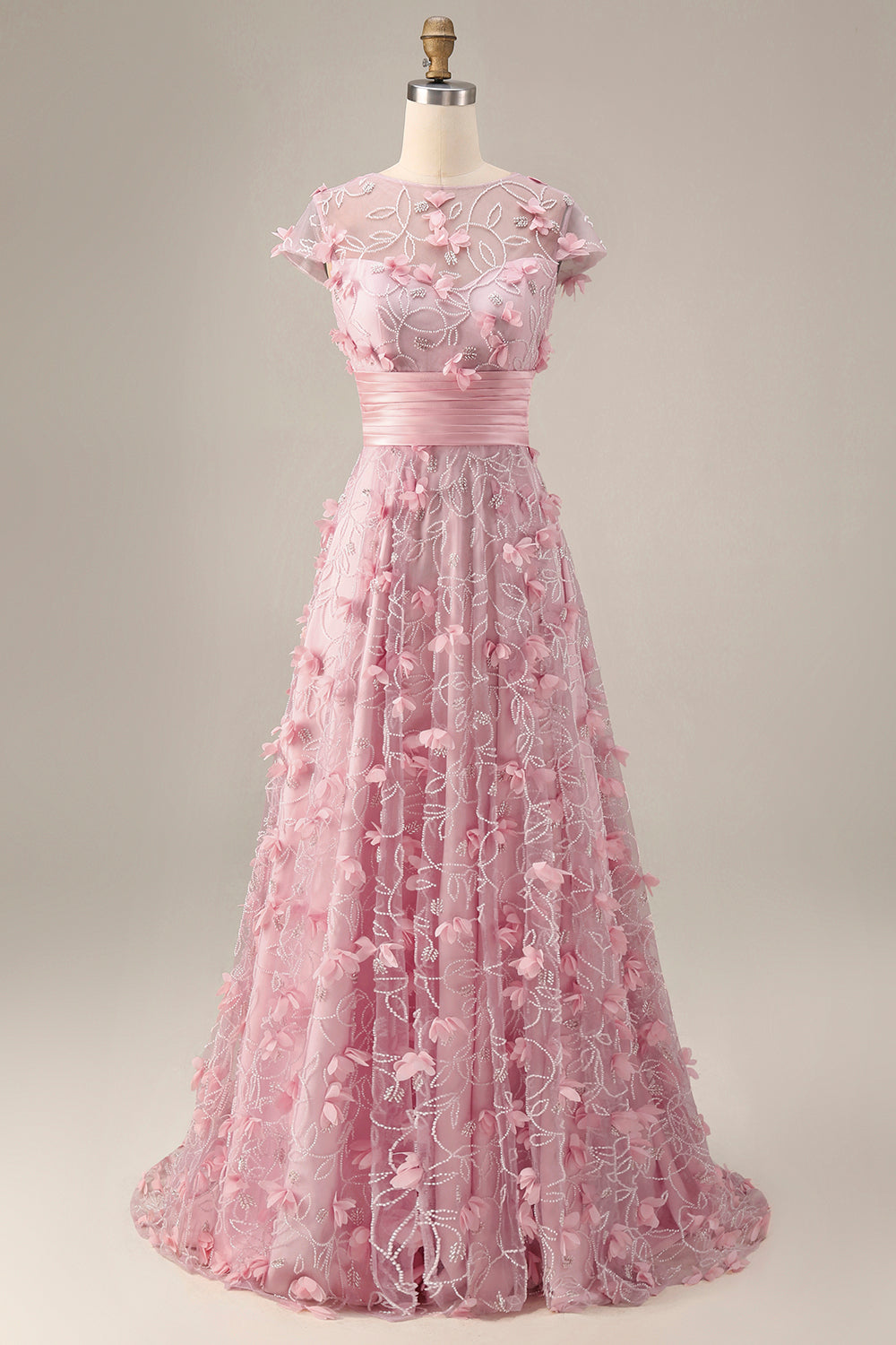 A Line Pink Long Floral Short Sleeves Mother of the Bride Dress