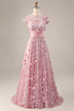 A Line Pink Long Floral Short Sleeves Mother of the Bride Dress