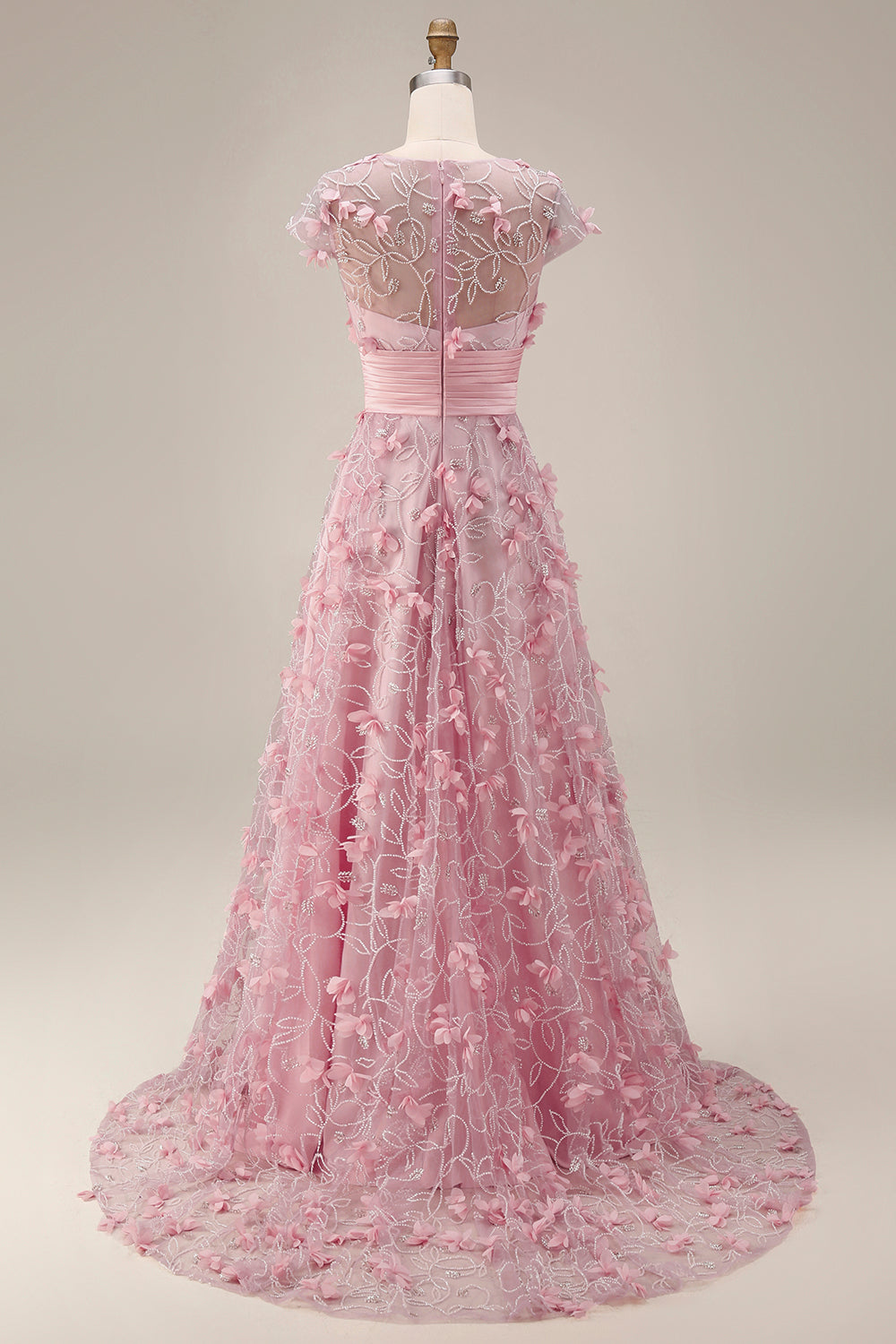 A Line Pink Long Floral Short Sleeves Mother of the Bride Dress