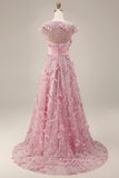 A Line Pink Long Floral Short Sleeves Mother of the Bride Dress