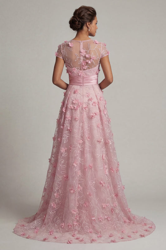 A Line Pink Long Floral Short Sleeves Mother of the Bride Dress
