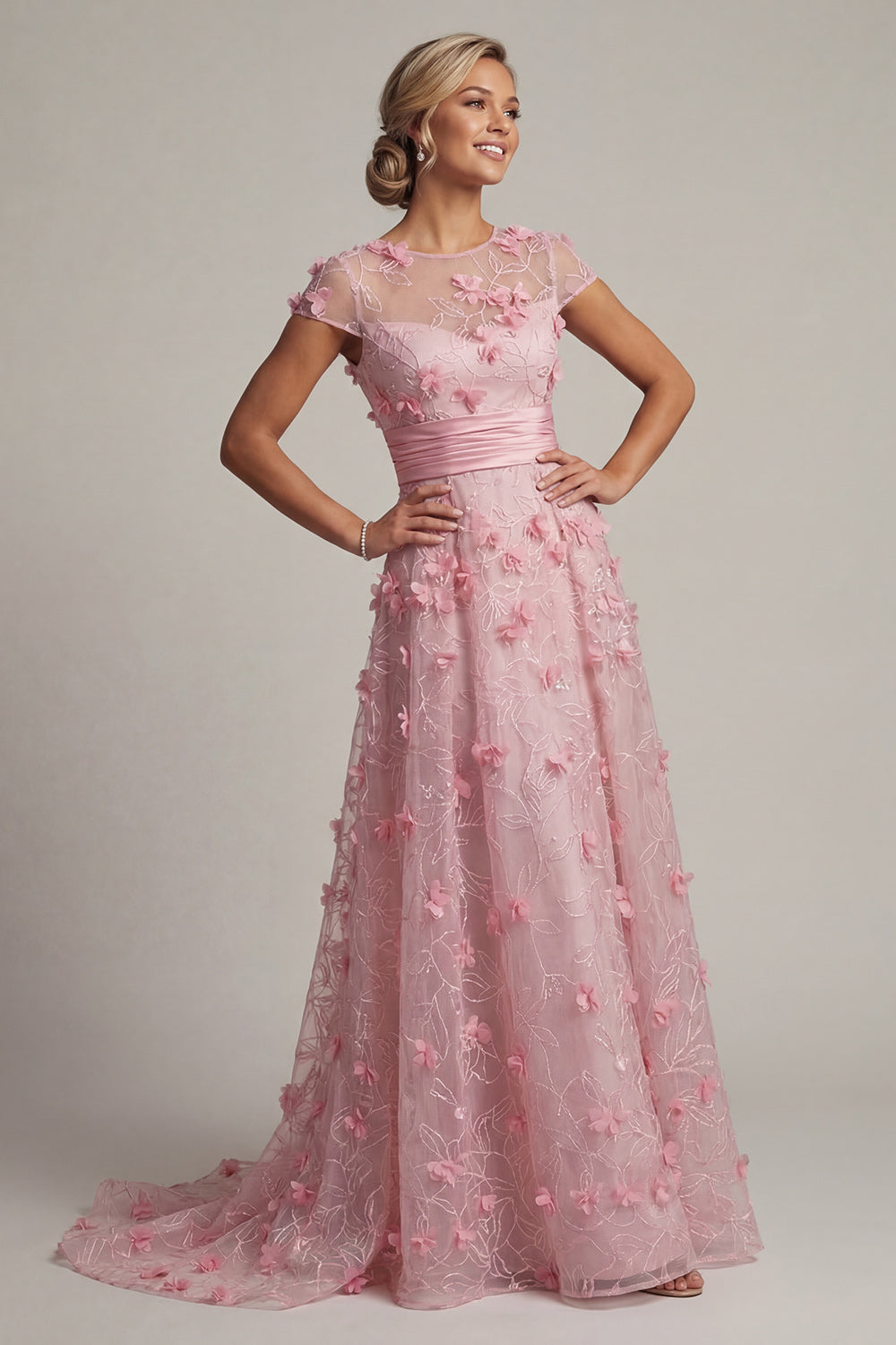 A Line Pink Long Floral Short Sleeves Mother of the Bride Dress