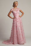 A Line Pink Long Floral Short Sleeves Mother of the Bride Dress