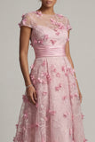 A Line Pink Long Floral Short Sleeves Mother of the Bride Dress