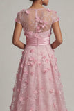 A Line Pink Long Floral Short Sleeves Mother of the Bride Dress