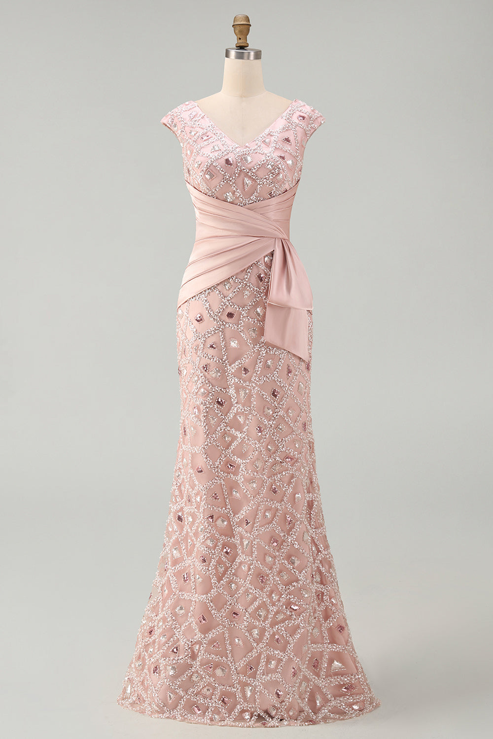 V-Neck Mermaid Ruched Long Sparkly Blush Beaded Mother of the Bride Dress